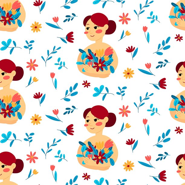 一个女孩手捧鲜花，周围环绕着花朵，背景为白色。一个女人拥抱着花束。明亮的春季矢量平面插图，体现女性健康和自爱。图片下载