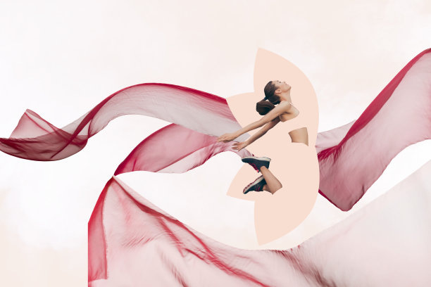 年轻女运动员冥想的合成素描艺术作品，照片拼贴，展现自由跳跃飞翔的身体，覆盖透明薄纱。图片下载
