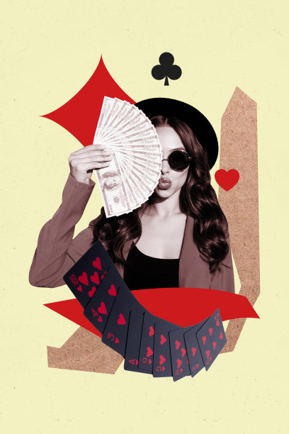 时尚女孩戴着帽子和太阳镜，做鸭子脸，手持现金，展示赌场游戏的盈利，垂直照片拼贴，背景为涂鸦风格。图片下载