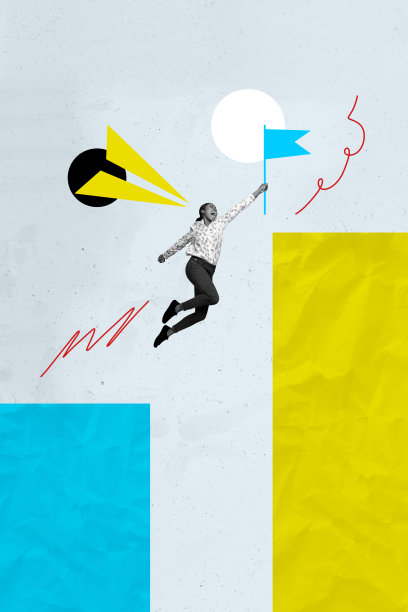 拼贴3D图像，复古风格的插画，描绘了一位幽默的女性跳入深渊，手持旗帜，完成了商业成就，展现了不寻常的幻想广告漫画。图片下载