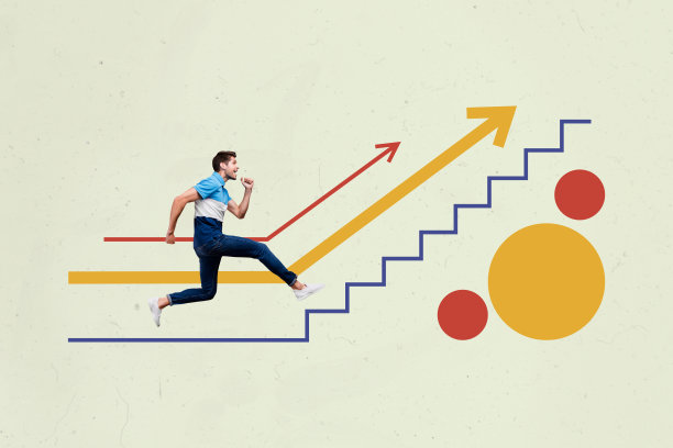 趋势艺术作品素描复合照片拼贴，年轻男性办公室经理快乐地奔跑，职业晋升，箭头指向向上生长的方向。图片下载