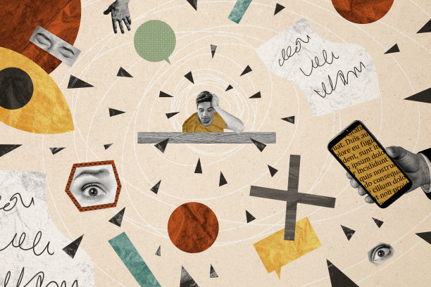 男人驱魔概念的拼贴照片，手持iPhone设备，圣经文字，皱眉害怕的女性眼睛，背景为涂鸦风格。图片下载