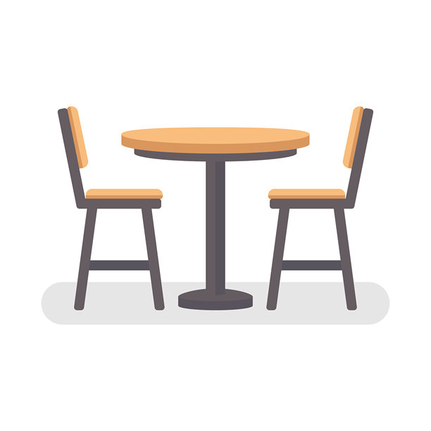 白色背景上孤立的平面设计木桌和两把椅子。餐桌和椅子。图片下载