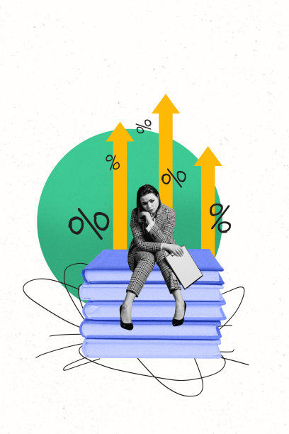 困惑女孩坐在书堆上，艺术照片的垂直拼贴，经济利润百分比符号、箭头、发展、成功和疲惫感。图片下载