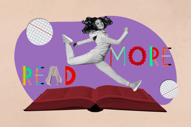 流行艺术风格的完整杂志照片拼贴，展示快乐的女孩和男孩在开放的书籍图书馆中奔跑，学术教育学习者，手持铅笔和尺子，阅读更多字母。图片下载