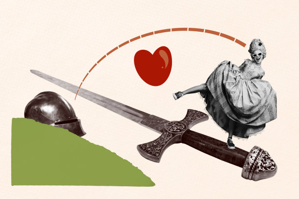 年轻女士手持剑和头盔的照片拼贴模板，表达心灵感受，展现历史服装的优雅与复古时尚。图片下载