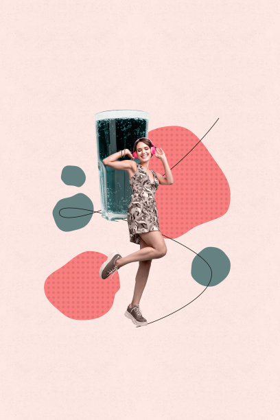 独特的垂直照片拼贴，展示快乐女孩在咖啡馆里跳舞、听音乐，戴着耳机，手里拿着气泡可乐和柠檬水。图片下载