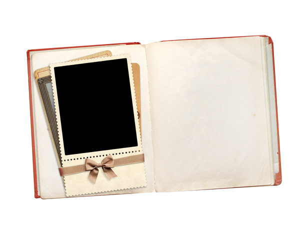 旧书、复古相框和卡片，营造怀旧效果。复古剪贴簿风格。复古相册和空白照片。模版展示。文本留白。背景为白色。图片下载