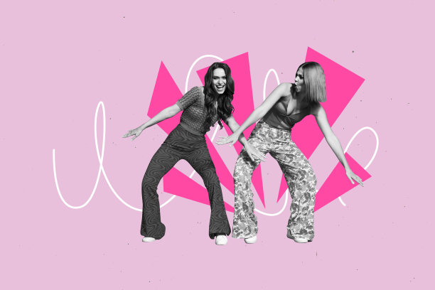 复古风格的两位女性朋友舞蹈快乐的照片拼贴模板，适合夜晚聚会和无忧无虑的周末。图片下载