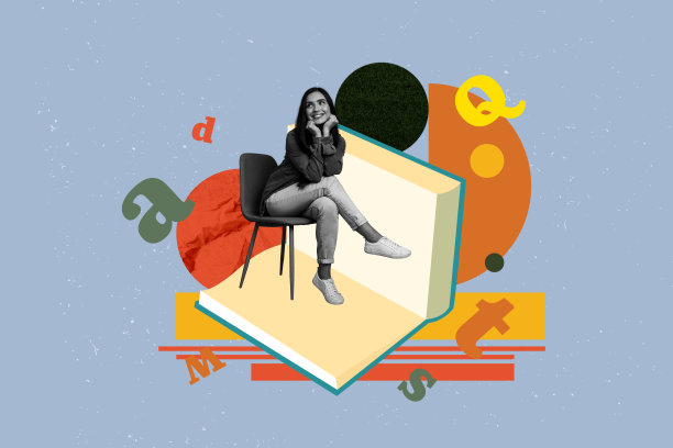 流行艺术风格的完整杂志照片拼贴，快乐的女孩和男孩站在图书馆，书籍堆叠，学术教育，学习者，字母，词汇，百科全书图片下载