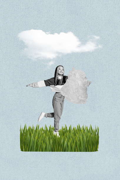 年轻女性在绿色草地上行走，手持塑料制品，支持环保活动的3D照片拼贴艺术作品。图片下载