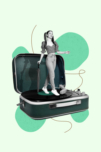 在绿色背景上，站着的人与黑胶唱片的潮流图片拼贴。图片下载