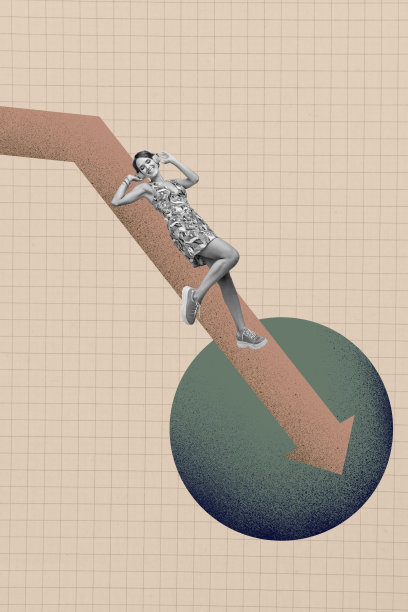 现代照片拼贴画，描绘一位缺乏经验的女孩站在箭头下降的统计图前，反映出衰退、通货膨胀问题和损失。图片下载