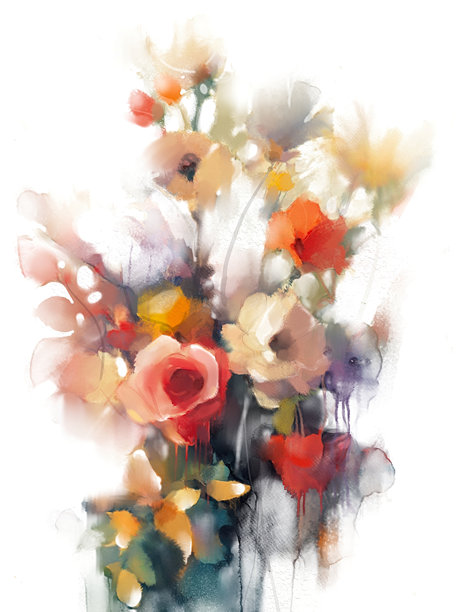 春天花卉的抽象彩色水彩画。手绘笔触在纸质纹理上。插图艺术作品，水彩花卉画作适合背景使用。现代艺术花卉画。图片下载