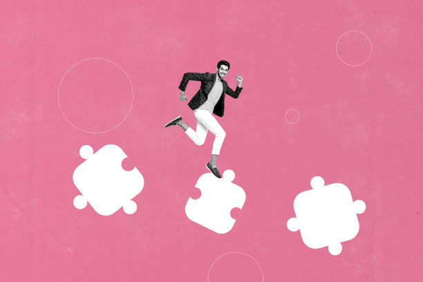 时尚艺术创意垂直照片拼贴，快乐的商人奔跑，拼图元素匹配连接，拼图策略图片下载