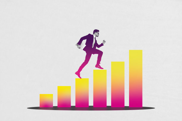 年轻人攀登职业晋升的创意3D照片拼贴艺术模板，手持笔记本电脑，目标是交易员图形统计图表图片下载