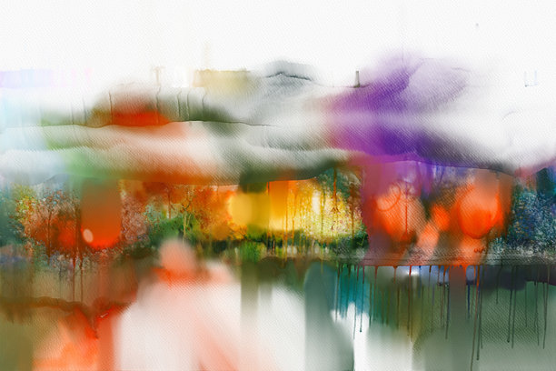 抽象水彩画风景。手绘色彩斑斓的红色和黄色树木。插图自然风景背景。现代水彩艺术在纹理纸上的壁纸背景。图片下载