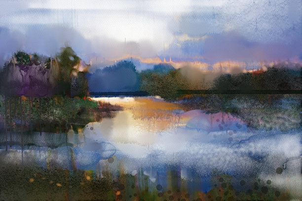 抽象艺术，水彩画乡村风景，包含树木、山丘、湖泊或河流和蓝天的自然景色。插图作品，描绘夏季和春季的自然风光，适合作为背景。图片下载