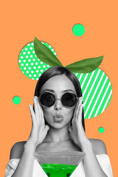 艺术图像，垂直照片拼贴，快乐女孩在夜总会酒吧场合跳舞，酒瓶饮料，酒精，放松周末休闲。图片下载