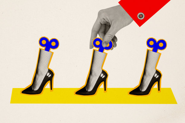 复合趋势艺术作品草图，3D照片拼贴，巨大的手指握住机械钥匙，充满力量的女性腿部穿着时尚高跟鞋。图片下载