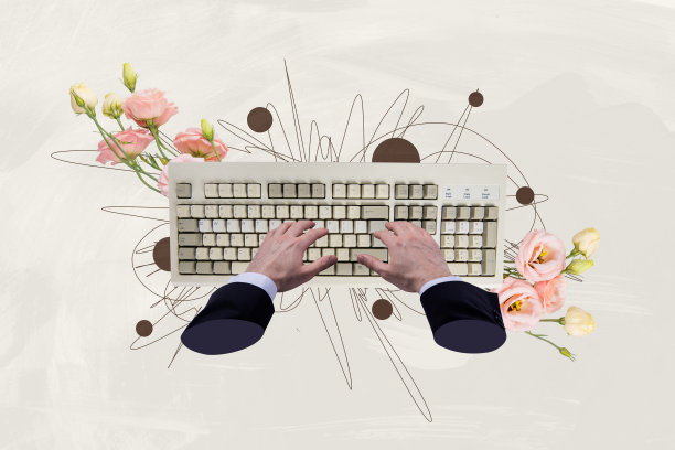 趋势艺术作品素描图像照片拼贴，巨大的手握着复古打字机键盘，敲击QWERTY代码程序员的按钮。图片下载