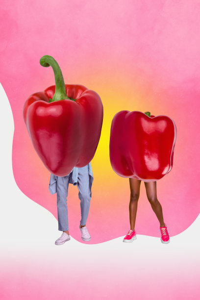 女性、男性和白人腿部的垂直照片拼贴，红椒、甜椒、饮食、杂货，孤立在涂鸦背景上。图片下载