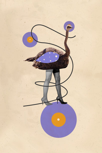 女性性感腿部的垂直照片拼贴，背景为涂鸦风格，孤立的鸵鸟动物化身面具。图片下载