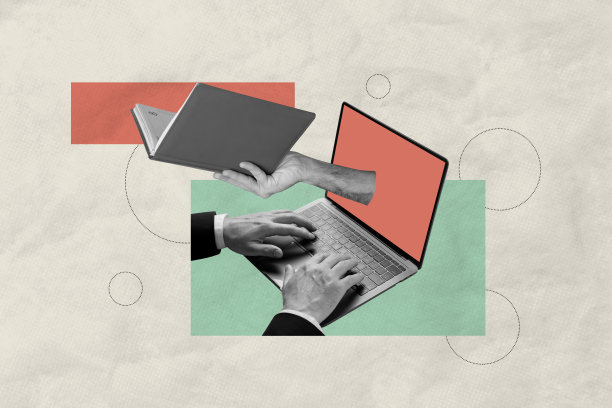 商务人士的手在涂鸦背景上使用MacBook打字，手臂握着计划本和记事本，展现时间管理的拼贴照片。图片下载