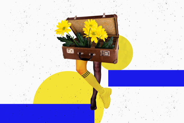 女性性感腿部的拼贴照片，代替身体的行李箱，菊花盛开，春天的花艺师，孤立在涂鸦背景上。图片下载