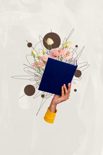 趋势艺术素描图像照片拼贴，巨大的手握着一本书，图书馆开放，阅读小说故事，想象春季花朵。图片下载