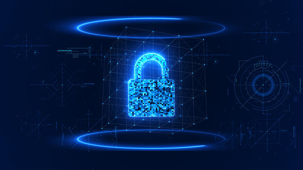 数字数据保护安全图标，二进制代码波浪蓝色背景，4K库存照片图片下载