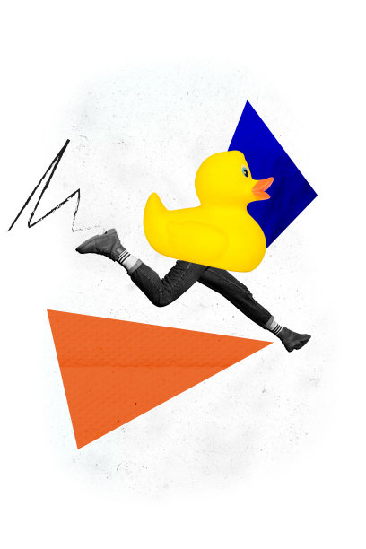 趋势艺术素描图像合成照片拼贴，描绘无身体的匿名人物与玩具浴室鸭子一起奔跑，人的腿在跑步的方向上。图片下载