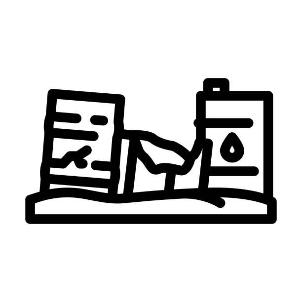 废弃田野中的油桶化学污染线条图标插图图片下载