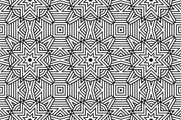 几何民族风格的原创黑白图案。适用于金属激光切割、木雕、上色和彩色玻璃的模板和模具。东方、亚洲、印度、墨西哥和阿兹特克的装饰。图片下载