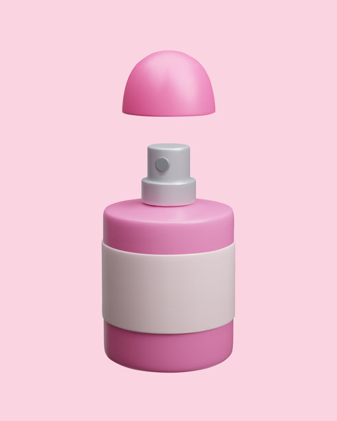 粉色香水喷雾瓶 3D 风格卡通矢量插图。香气、化妆品、身体乳液、护肤化妆品产品。香水精华包装设计 3D 渲染。图片下载