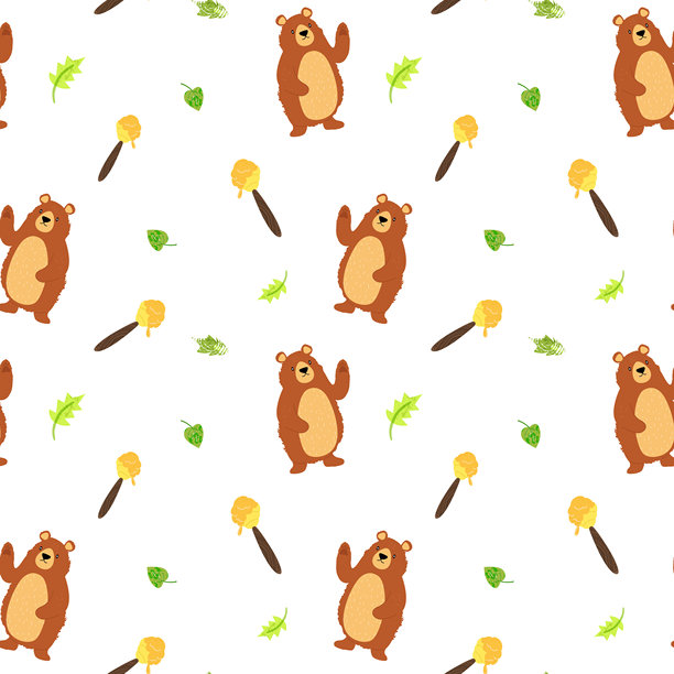 无缝图案，包含熊、滴蜜的木勺和手绘叶子图片下载