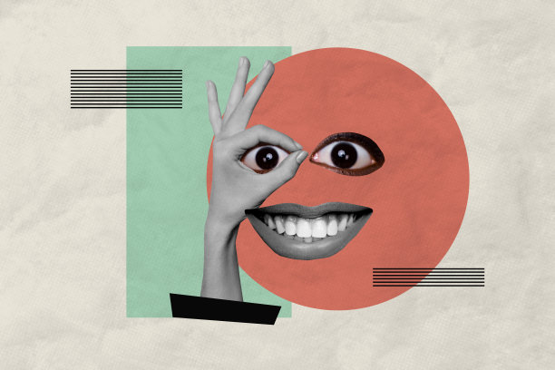 手部展示“好”手势的合成照片拼贴，包含身体、面部、眼睛、疯狂的嘴巴、微笑、牙齿和嘴唇，背景为涂鸦风格。图片下载