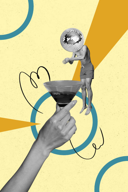 无上衣的男孩跳跃，鸡尾酒杯代替头部，迪斯科球，夏季派对旅行，垂直照片拼贴，背景为涂鸦风格。图片下载