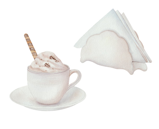 水彩画的陶瓷餐巾架、热咖啡杯配奶油和华夫管。优雅的餐桌布置插图，背景为白色。非常适合厨房和餐厅装饰。图片下载