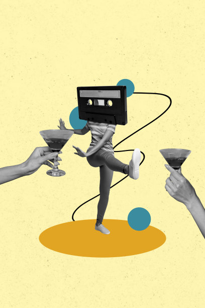 垂直照片拼贴，展示人类舞蹈、酒精场合、马提尼酒杯代替头部，复古卡带音乐，背景为涂鸦风格。图片下载