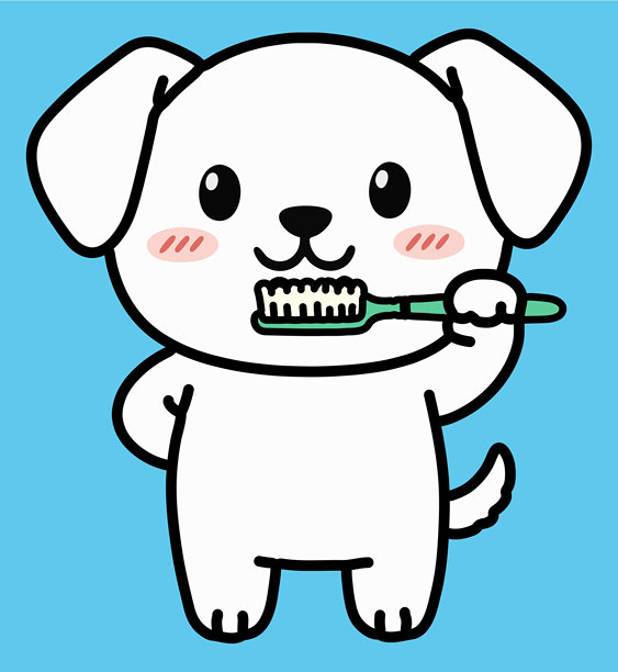 可爱的狗狗刷牙的简单彩色插图。图片下载