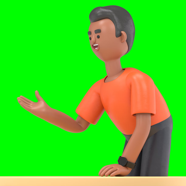 3D插图：英俊的男人大卫在会议中进行随意讨论，绿幕模型。3D渲染在绿幕上，用于视频素材和抠图。图片下载