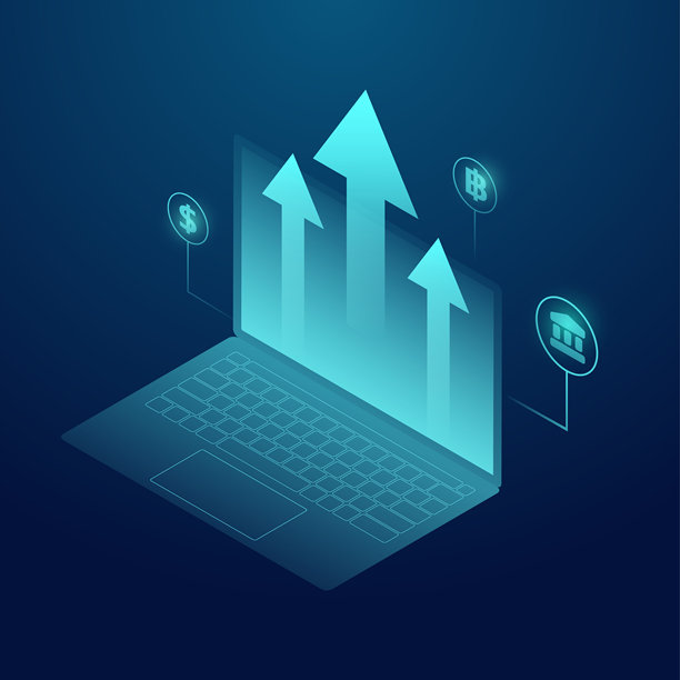 从笔记本电脑中突破的增长箭头图表，代表着商业或投资交易的成功，如股票交易、加密货币、数字金融银行。霓虹光科技矢量插图。图片下载