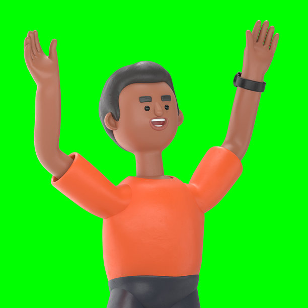 3D插图：英俊的男人大卫做出胜利的握拳手势。强壮，绿色背景模版。3D渲染在绿色背景上，适用于视频素材和剪切路径。图片下载