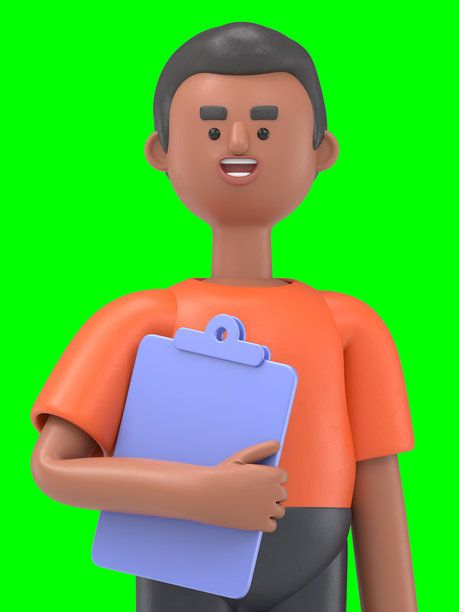 3D插图：帅气的男人大卫手持夹板和箱子。绿幕模型。3D渲染在绿幕上，用于视频素材和抠图。图片下载