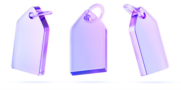 3D玻璃全息透明价格标签图标渲染。水晶矩形标签带环和紫色渐变。空白品牌卡片模型。孤立的空白纹理框架模板集。图片下载