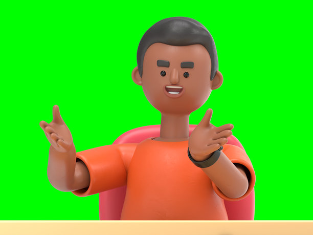 3D插图：英俊的男人大卫正在分析市场趋势。绿色屏幕模型。3D渲染在绿色屏幕上，用于视频素材和剪辑路径。图片下载