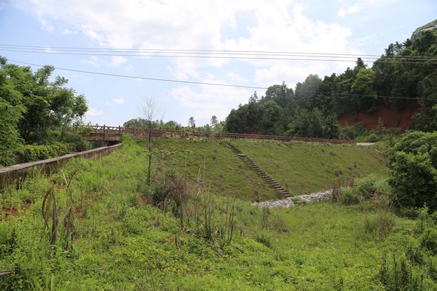 一张照片显示了中国乡村一侧的废弃桥梁，桥梁横跨一些小水道，周围是绿色的草地和树木。图片下载