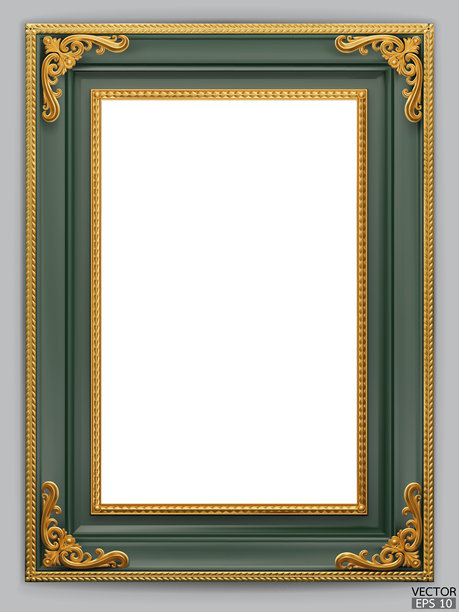 逼真的深绿色复古框架，孤立在灰色背景上。矩形框架样机。经典木质照片框。用于绘画、海报和照片画廊的绿色边框。3D矢量插图。图片下载