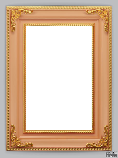 逼真的浅橙色复古框架，孤立在灰色背景上。矩形框架样机。经典木质照片框架。适用于绘画、海报和照片画廊的橙色边框。图片下载